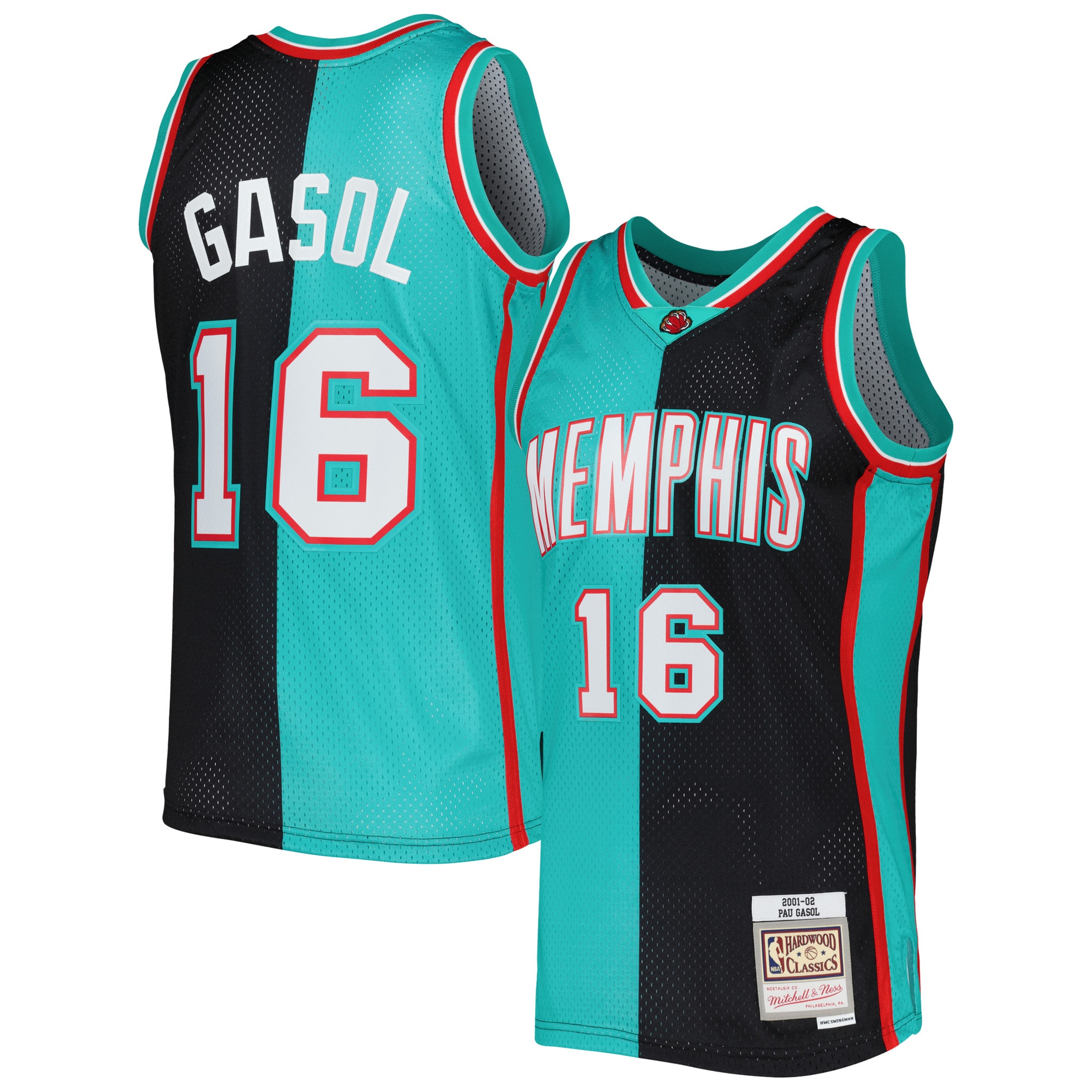 Men's Memphis Grizzlies Pau Gasol Black/Turquoise Hardwood Classics 2001/02 Split Swingman Jersey