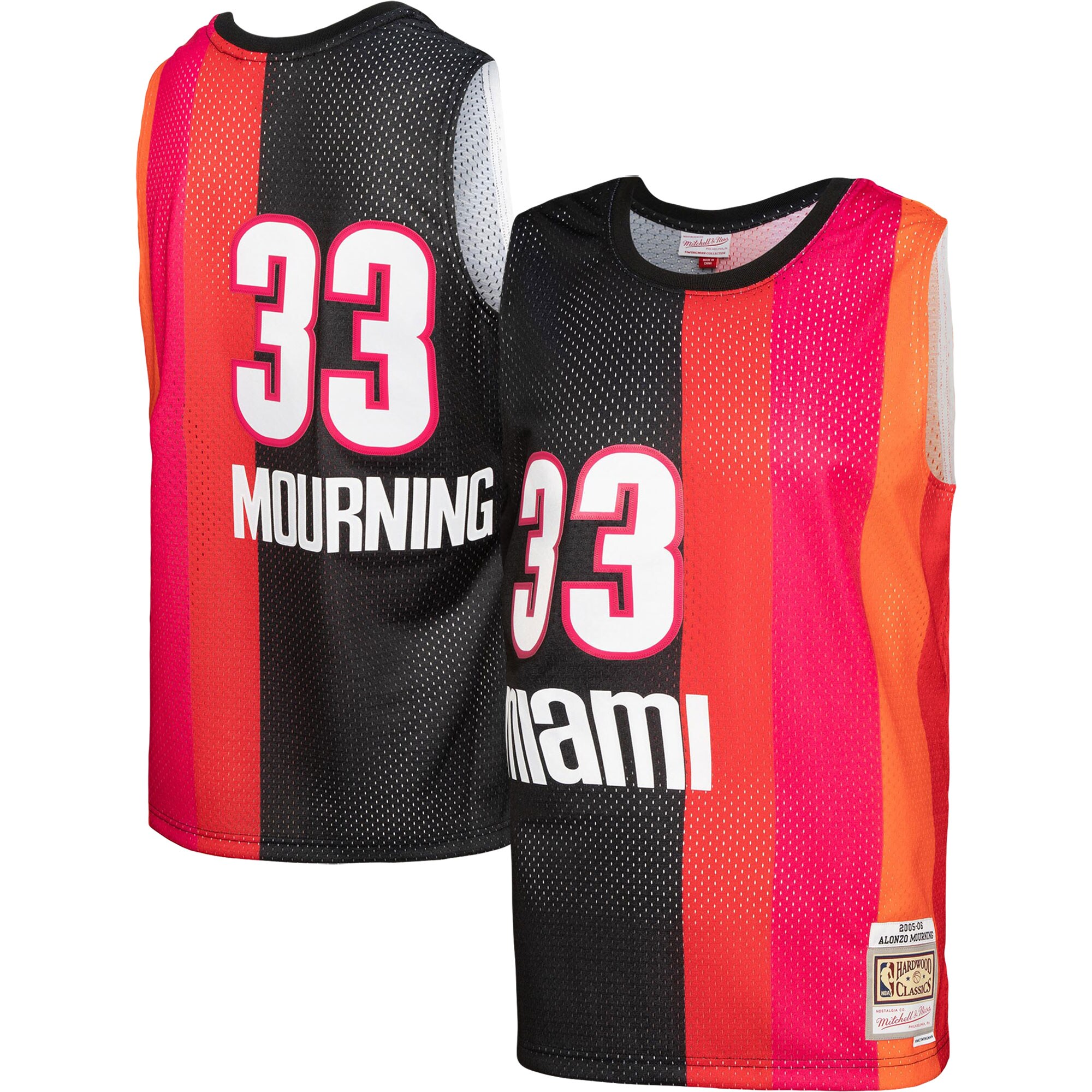 Men's Miami Heat Alonzo Mourning Black/Red Hardwood Classics 2005/06 Split Swingman Jersey