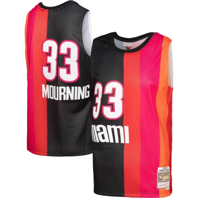 Men's Miami Heat Alonzo Mourning Black/Red Hardwood Classics 2005/06 Split Swingman Jersey 01