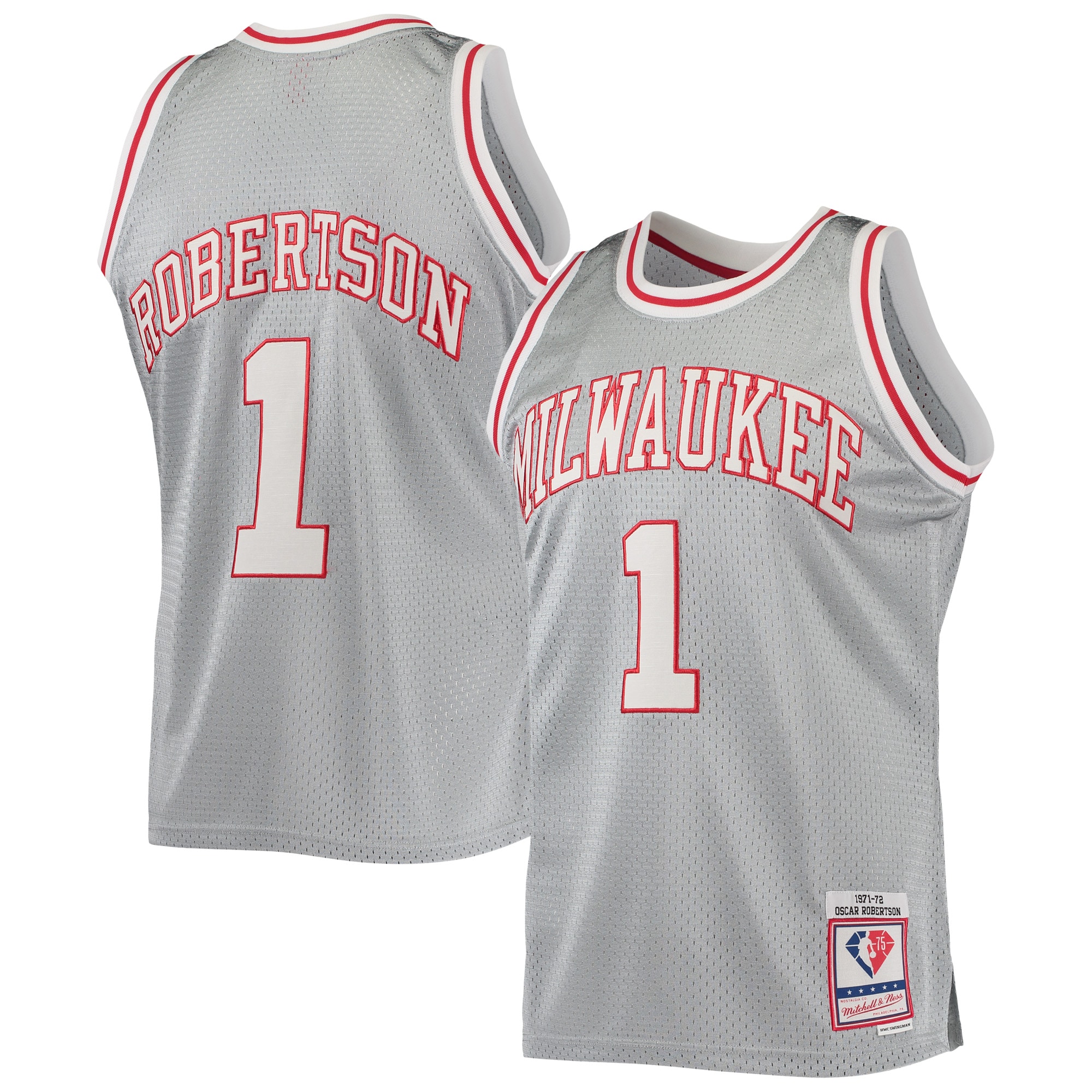 Men's Milwaukee Bucks Oscar Robertson Silver 75th Anniversary 1971/72 Hardwood Classics Swingman Jersey