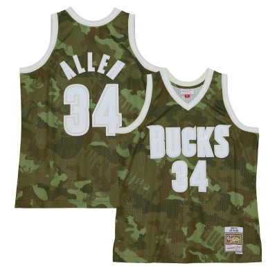 Men's Milwaukee Bucks Ray Allen Camo Hardwood Classics 2000/01 Ghost Green Swingman Jersey 01