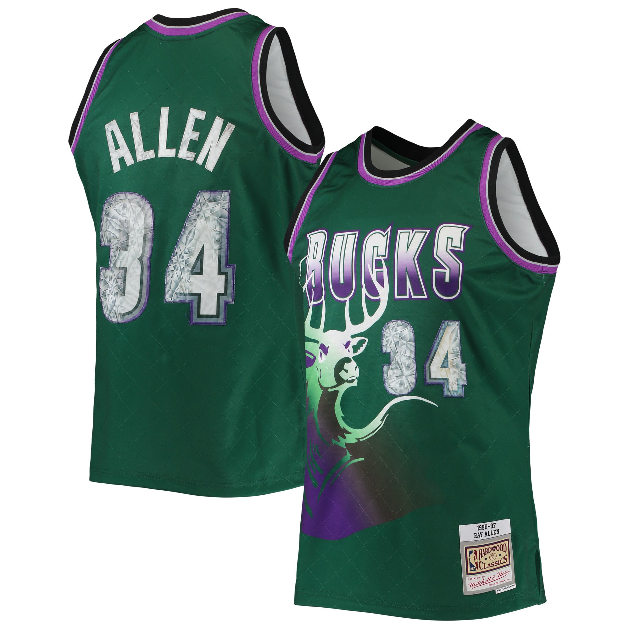 Men's Milwaukee Bucks Ray Allen Green 1996/97 Hardwood Classics NBA 75th Anniversary Diamond Swingman Jersey