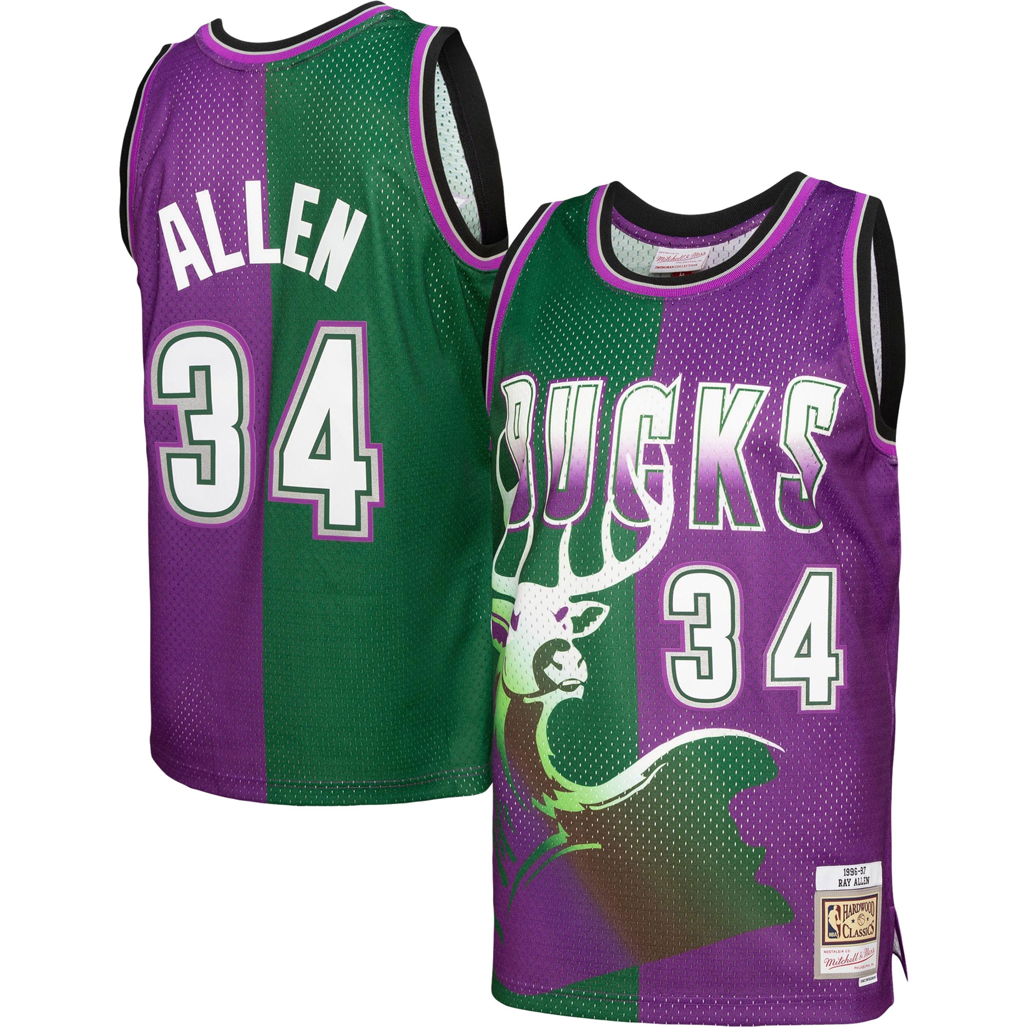 Men's Milwaukee Bucks Ray Allen Green/Purple Hardwood Classics 1996/97 Split Swingman Jersey