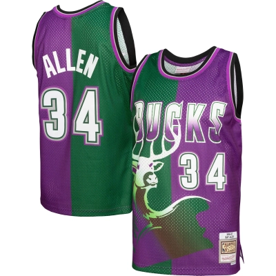 Men's Milwaukee Bucks Ray Allen Green/Purple Hardwood Classics 1996/97 Split Swingman Jersey 01