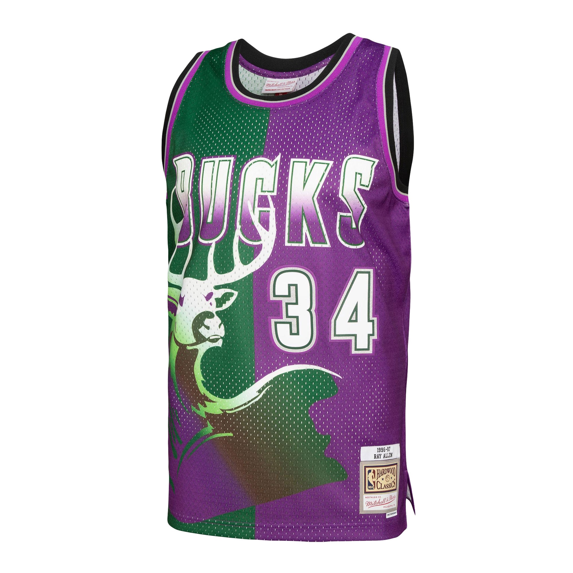Men's Milwaukee Bucks Ray Allen Green/Purple Hardwood Classics 1996/97 Split Swingman Jersey