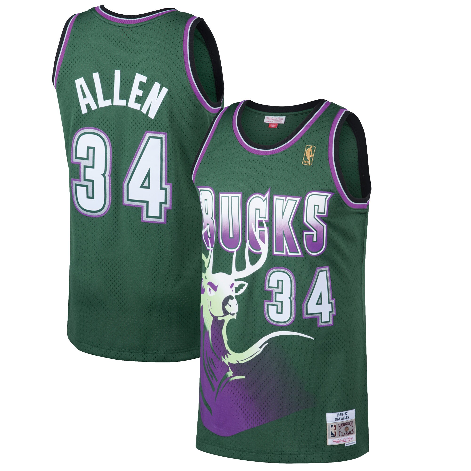 Men's Milwaukee Bucks Ray Allen Kelly Green 1996/97 Hardwood Classics Swingman Jersey