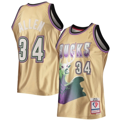 Men's Milwaukee Bucks Ray Allen Gold 75th Anniversary 1996/97 Hardwood Classics Swingman Jersey 01