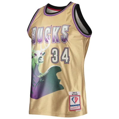 Men's Milwaukee Bucks Ray Allen Gold 75th Anniversary 1996/97 Hardwood Classics Swingman Jersey 02
