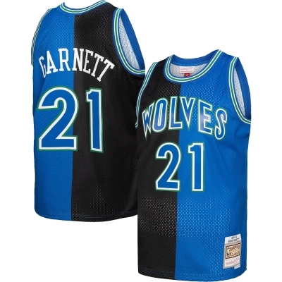 Men's Minnesota Timberwolves Kevin Garnett Black/Blue Hardwood Classics 1995/96 Split Swingman Jersey 01