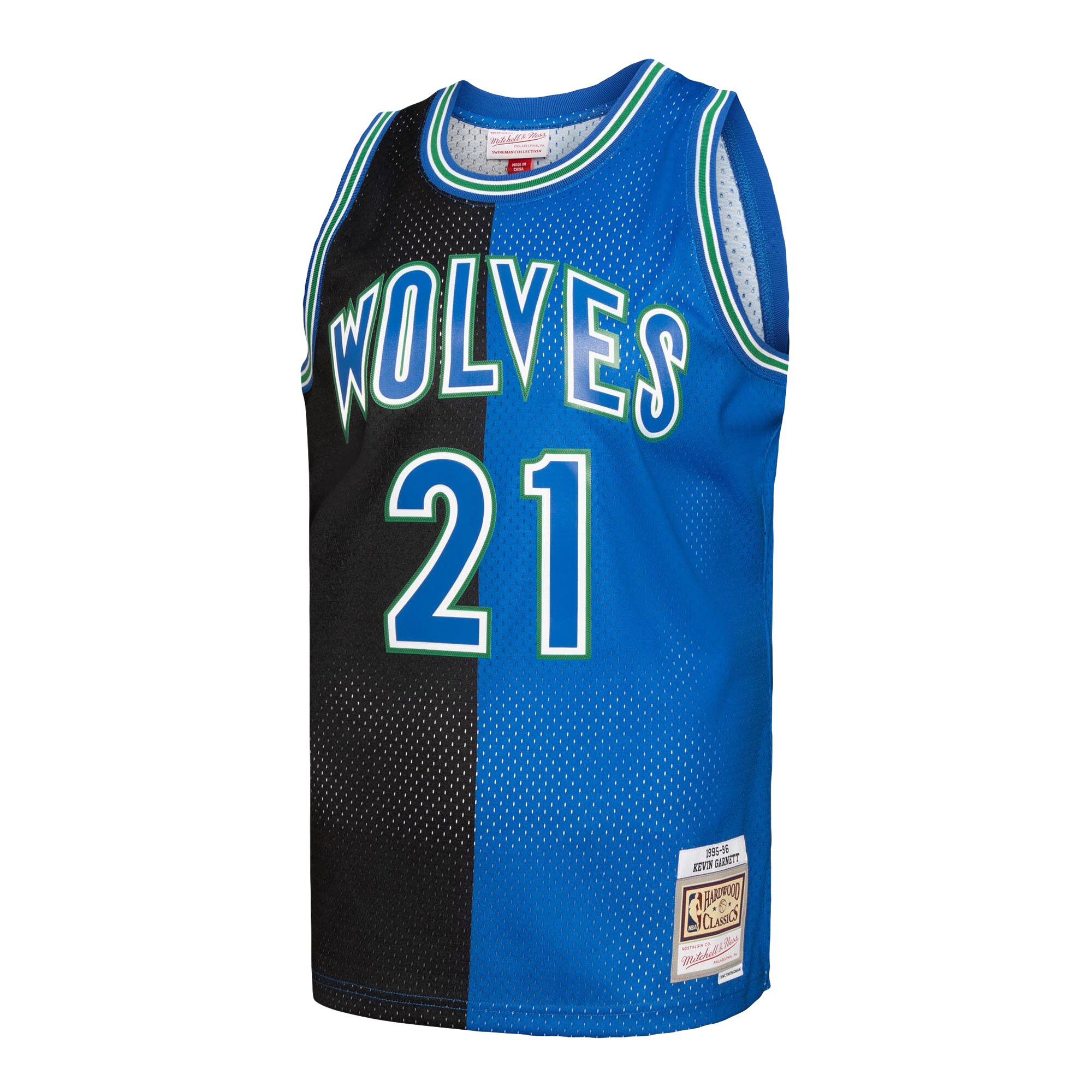 Men's Minnesota Timberwolves Kevin Garnett Black/Blue Hardwood Classics 1995/96 Split Swingman Jersey