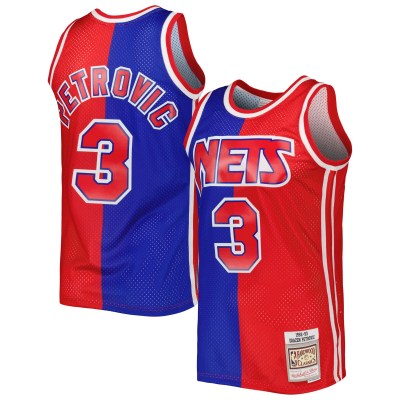 Men's New Jersey Nets Drazen Petrovic Blue/Red Hardwood Classics 1992/93 Split Swingman Jersey 01