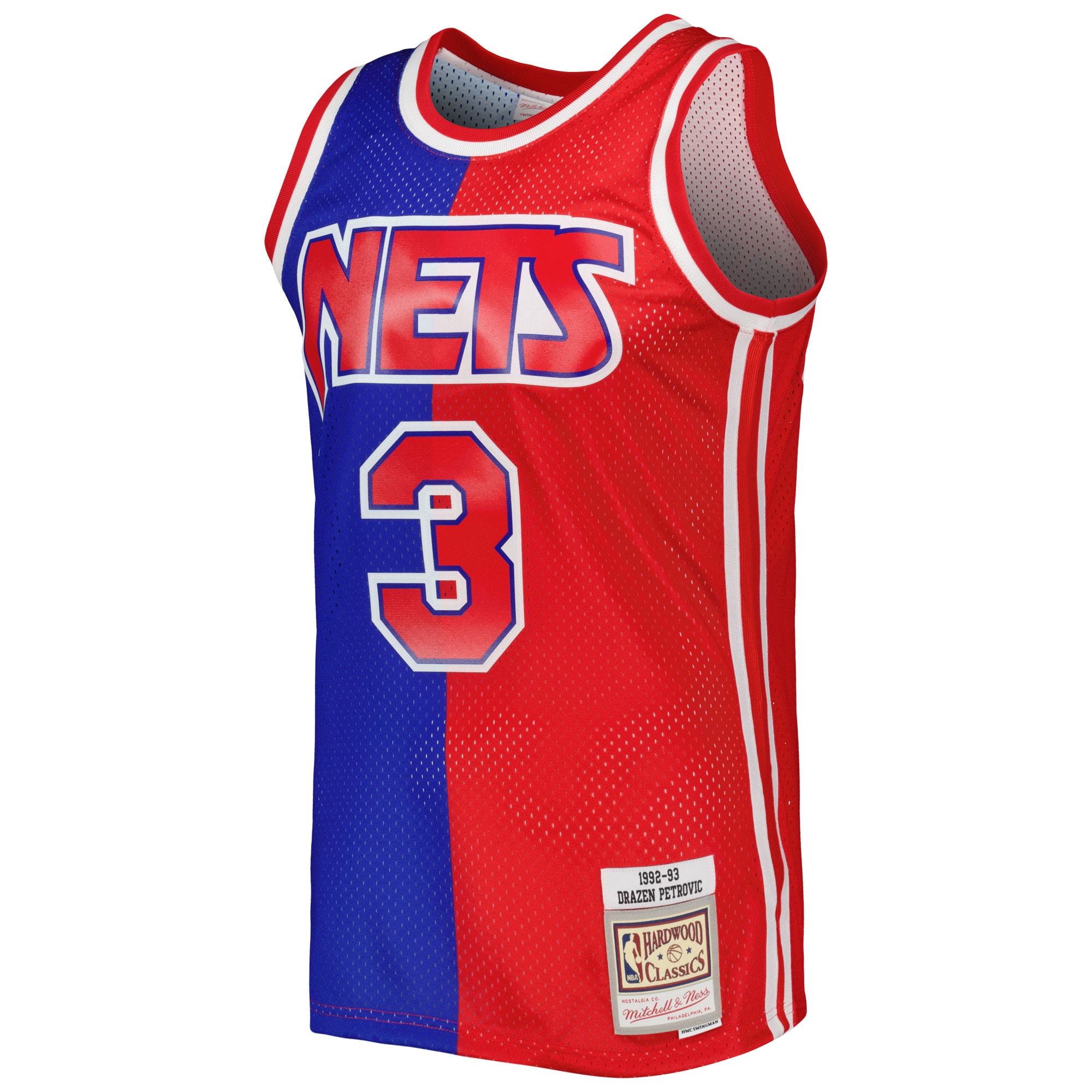 Men's New Jersey Nets Drazen Petrovic Blue/Red Hardwood Classics 1992/93 Split Swingman Jersey