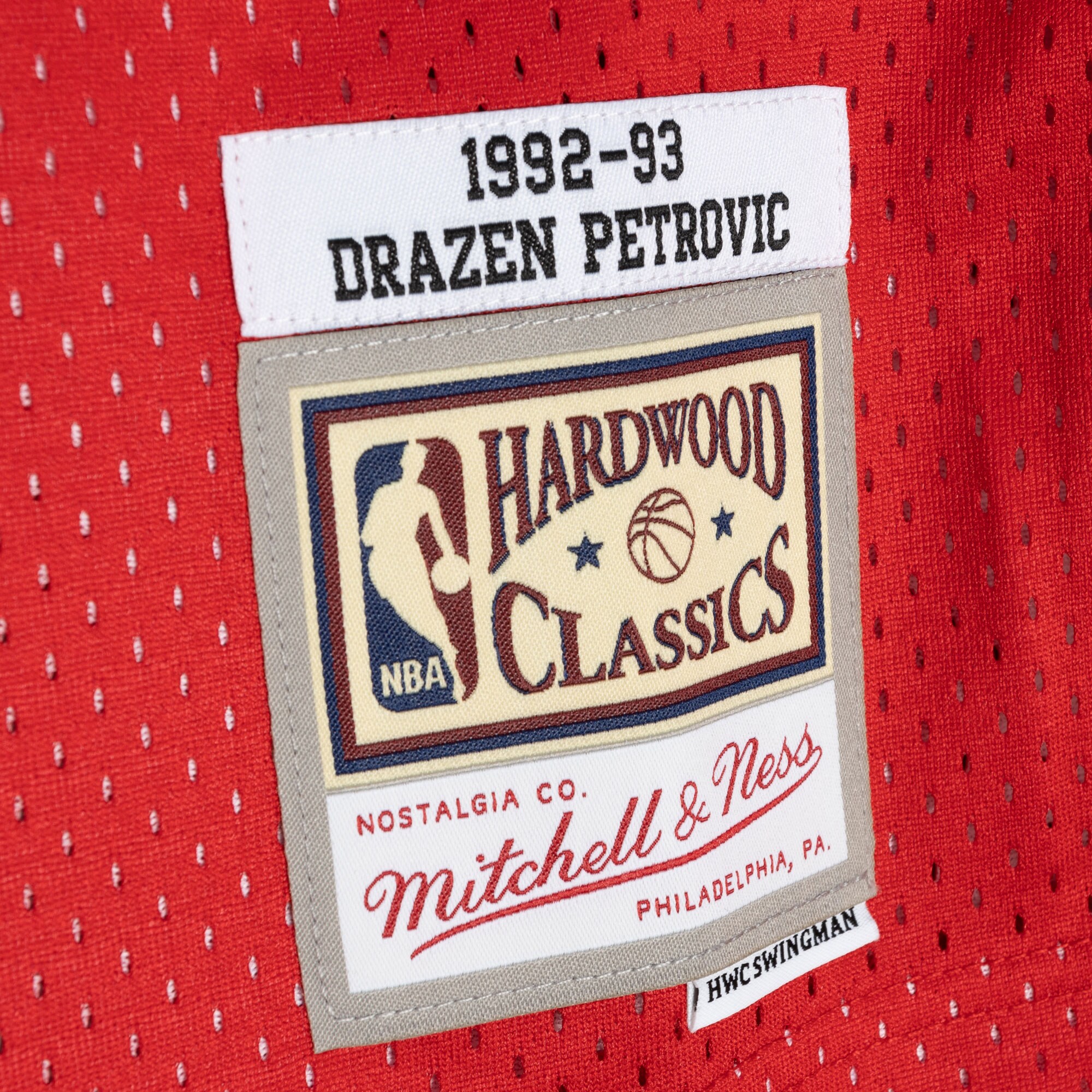 Men's New Jersey Nets Drazen Petrovic Blue/Red Hardwood Classics 1992/93 Split Swingman Jersey