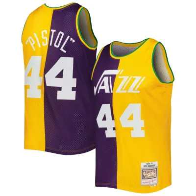 Men's New Orleans Jazz Pete Maravich Purple/Yellow Hardwood Classics 1974/75 Split Swingman Jersey 01