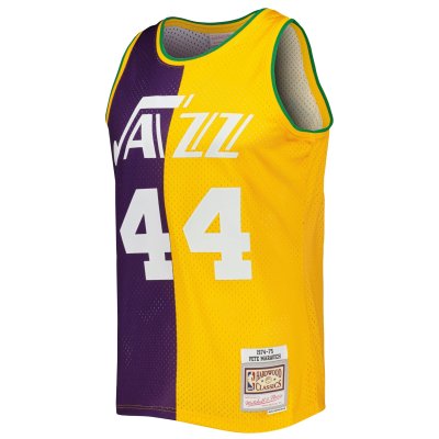 Men's New Orleans Jazz Pete Maravich Purple/Yellow Hardwood Classics 1974/75 Split Swingman Jersey 02