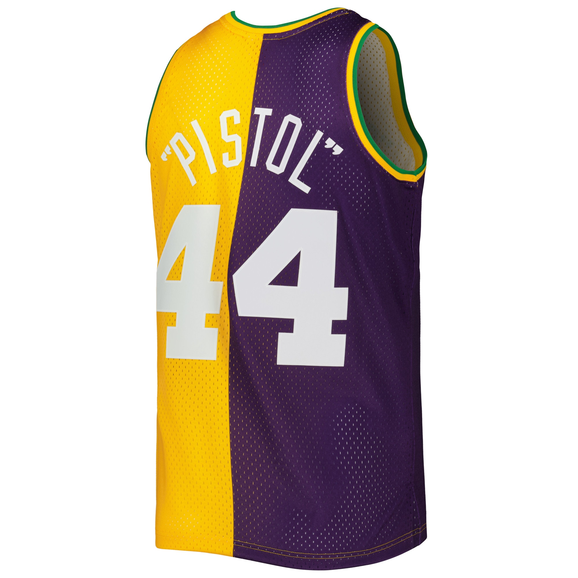 Men's New Orleans Jazz Pete Maravich Purple/Yellow Hardwood Classics 1974/75 Split Swingman Jersey
