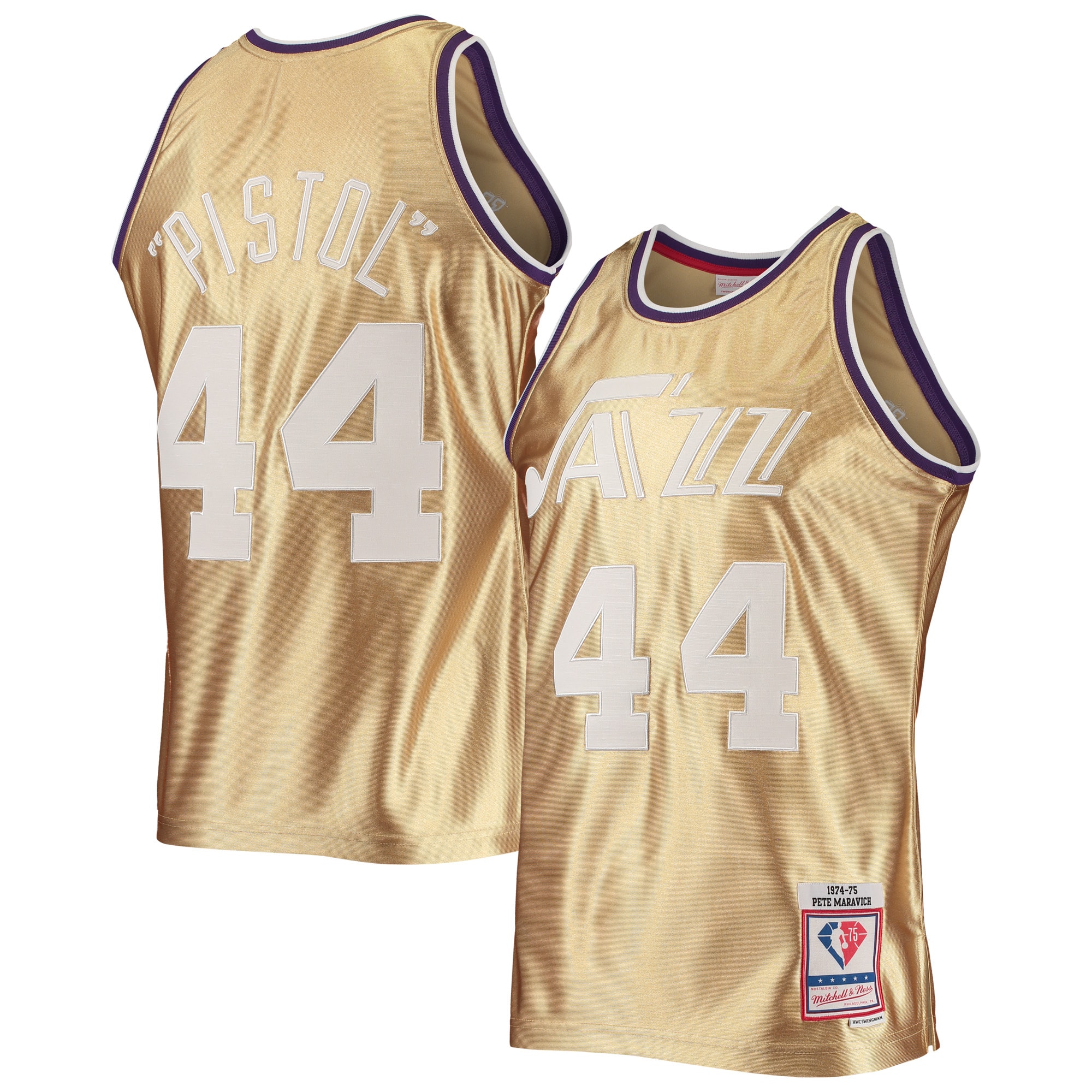Men's New Orleans Jazz Pete Maravich Gold 75th Anniversary 1974/75 Hardwood Classics Swingman Jersey