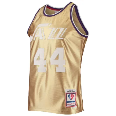 Men's New Orleans Jazz Pete Maravich Gold 75th Anniversary 1974/75 Hardwood Classics Swingman Jersey 02