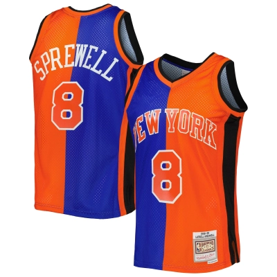 Men's New York Knicks Latrell Sprewell Blue/Orange Hardwood Classics 1998/99 Split Swingman Jersey 01