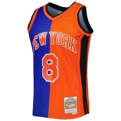 Men's New York Knicks Latrell Sprewell Blue/Orange Hardwood Classics 1998/99 Split Swingman Jersey 02