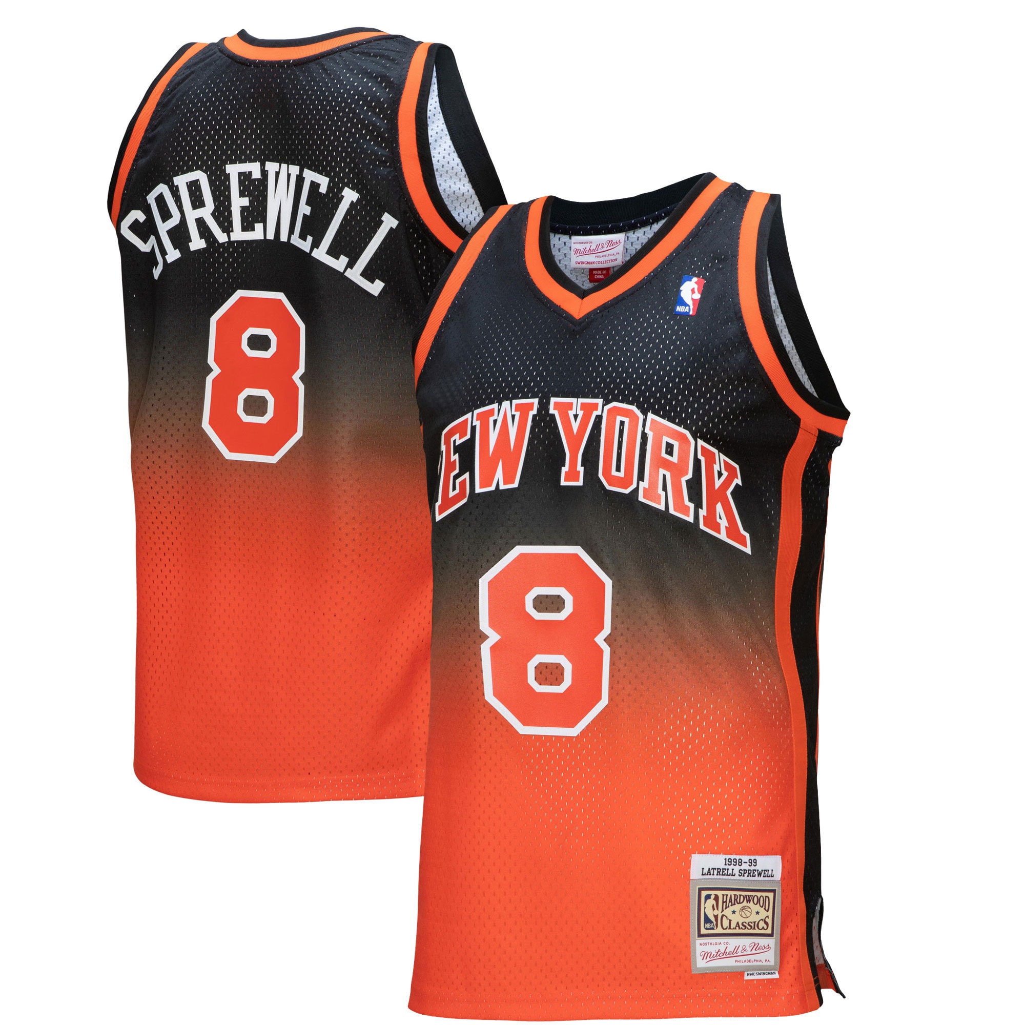 Men's New York Knicks Latrell Sprewell Orange/Black 1998/99 Hardwood Classics Fadeaway Swingman Jersey