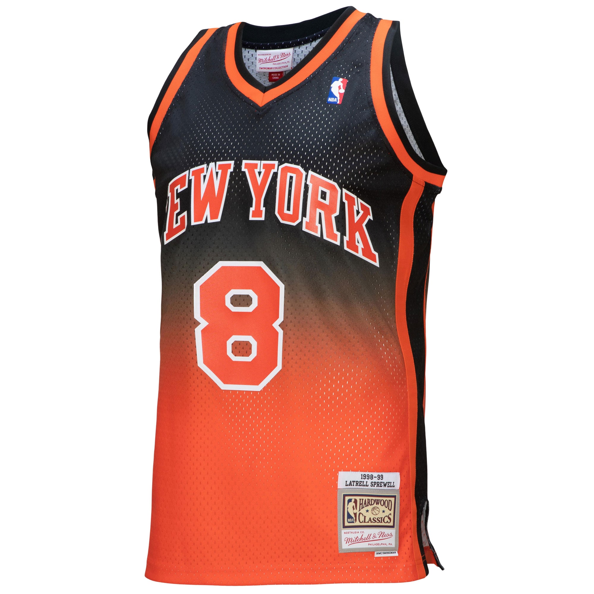 Men's New York Knicks Latrell Sprewell Orange/Black 1998/99 Hardwood Classics Fadeaway Swingman Jersey