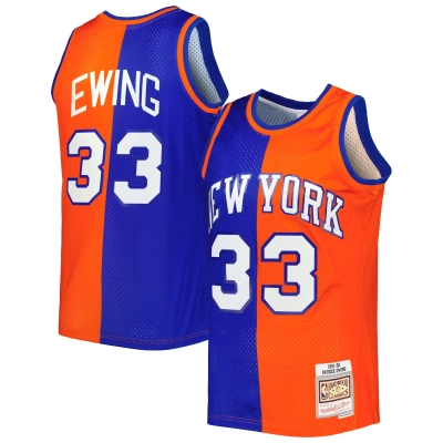 Men's New York Knicks Patrick Ewing Blue/Orange Hardwood Classics 1991/92 Split Swingman Jersey 01