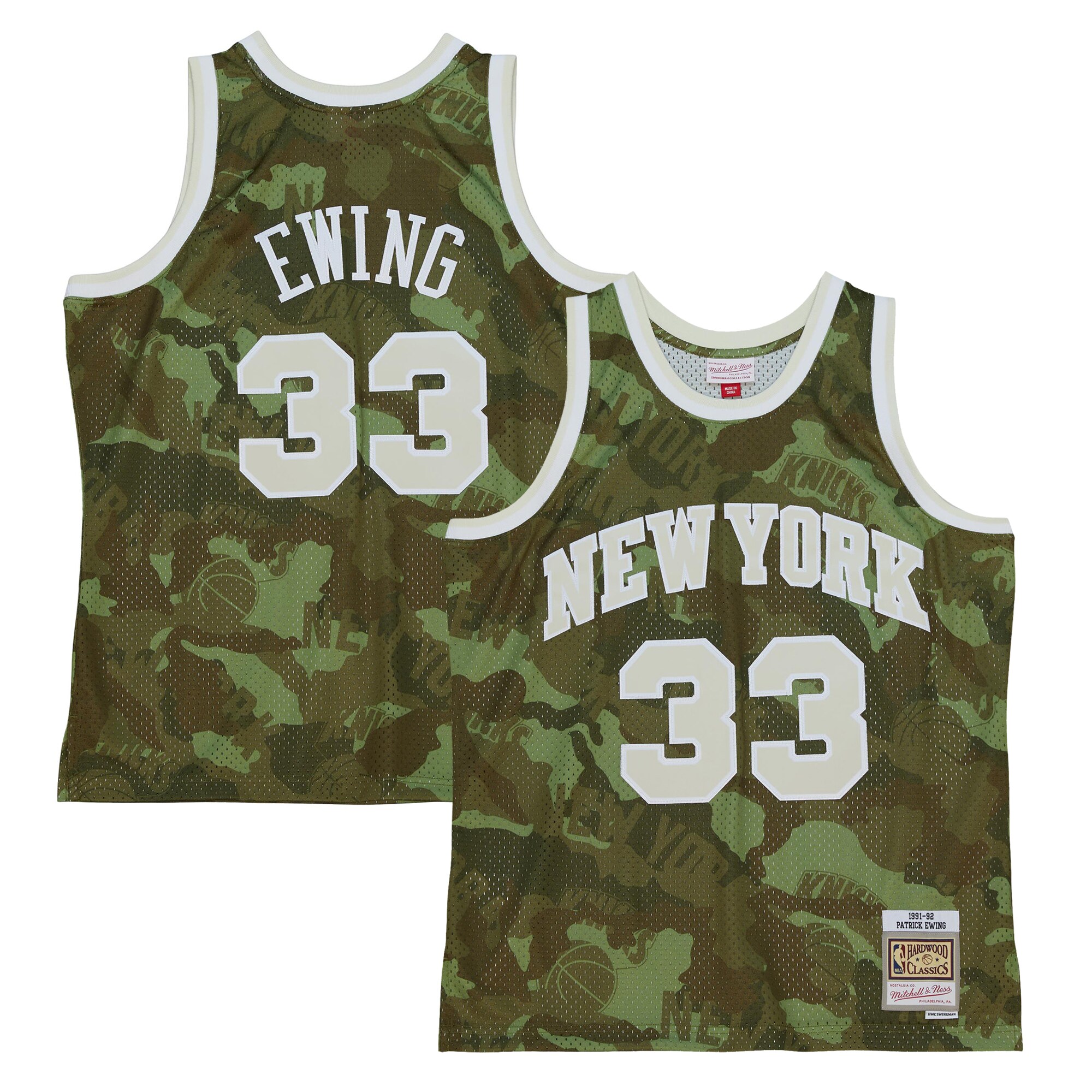 Men's New York Knicks Patrick Ewing Camo Hardwood Classics 1991/92 Ghost Green Swingman Jersey