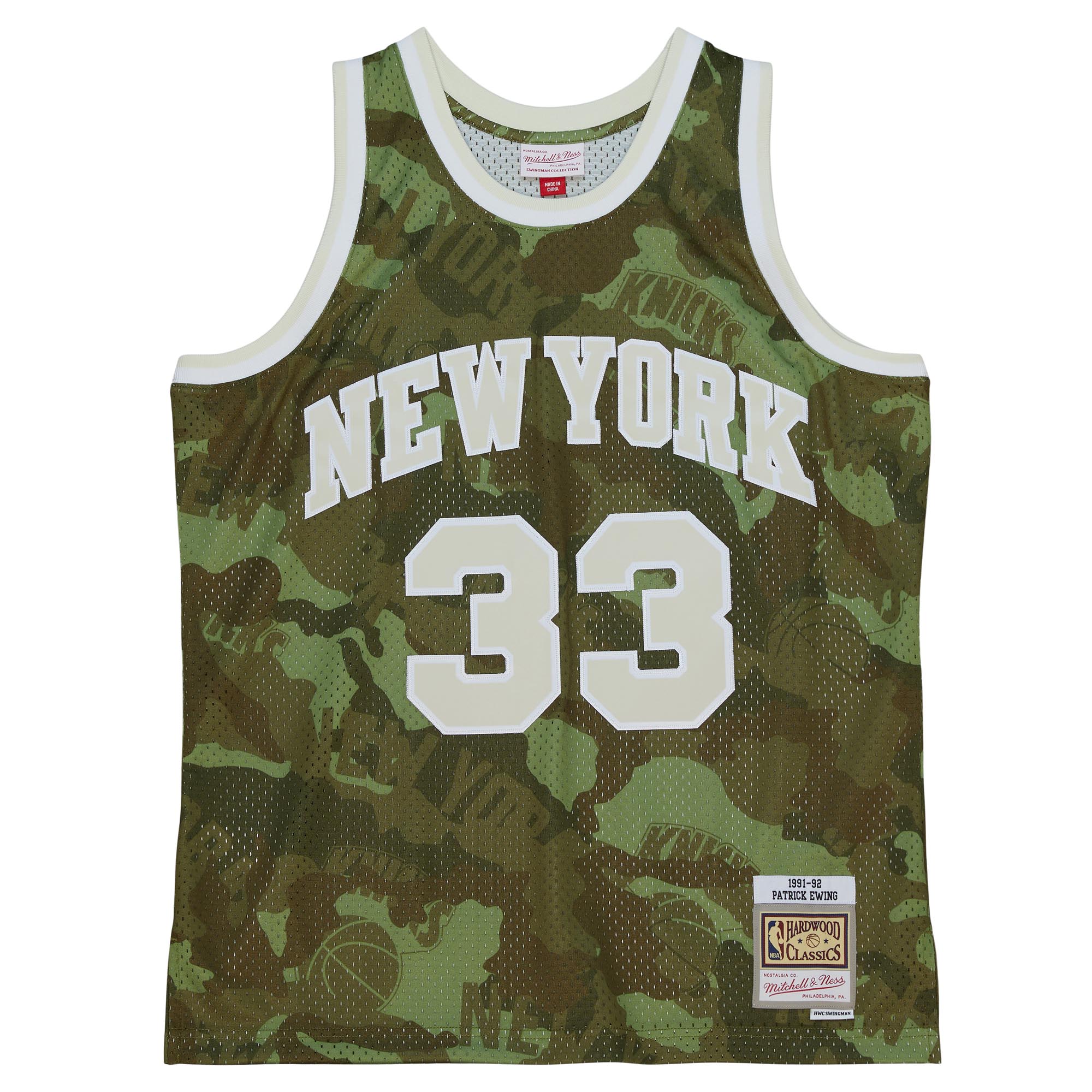 Men's New York Knicks Patrick Ewing Camo Hardwood Classics 1991/92 Ghost Green Swingman Jersey