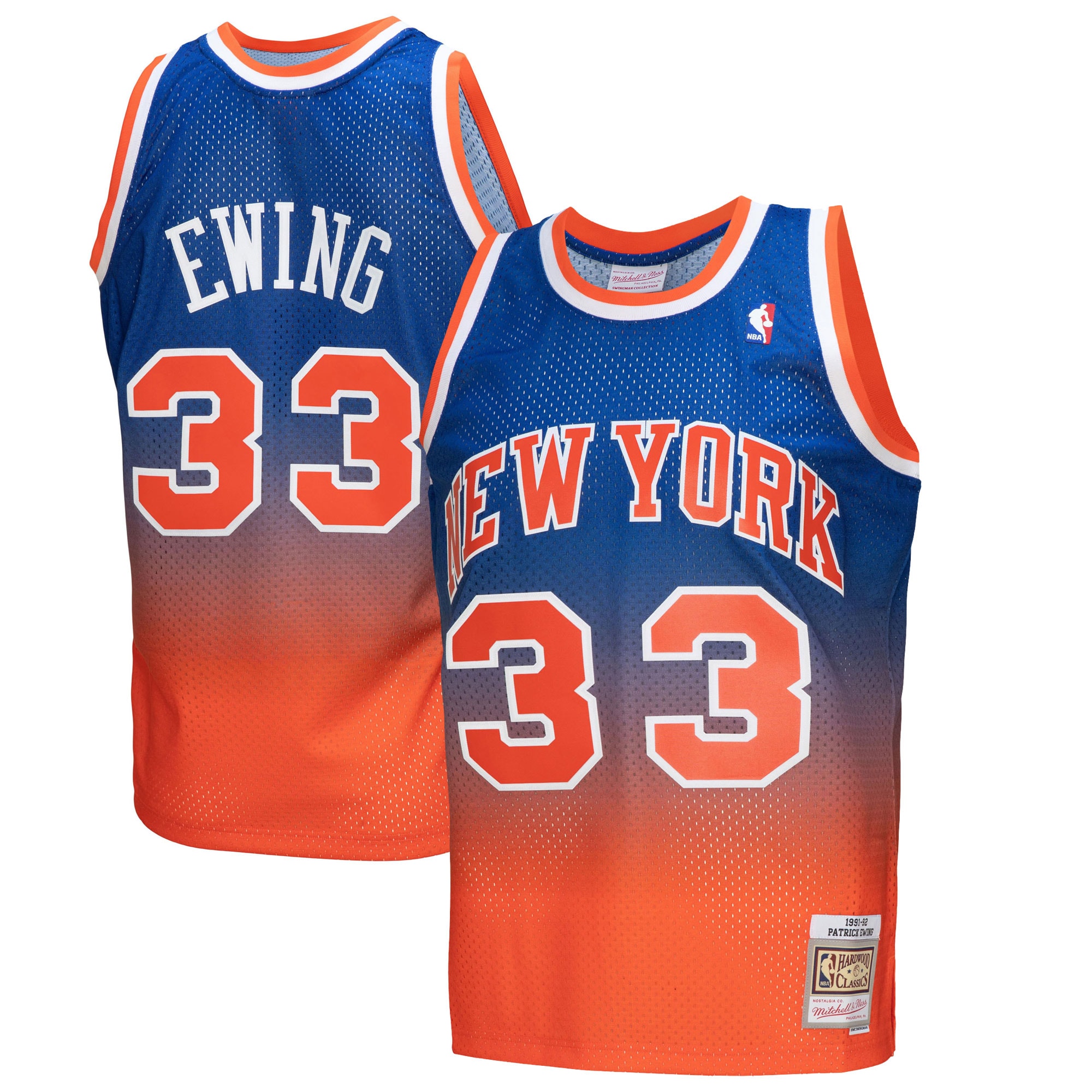 Men's New York Knicks Patrick Ewing Orange/Royal 1991/92 Hardwood Classics Fadeaway Swingman Jersey