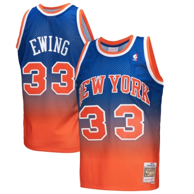 Men's New York Knicks Patrick Ewing Orange/Royal 1991/92 Hardwood Classics Fadeaway Swingman Jersey 01