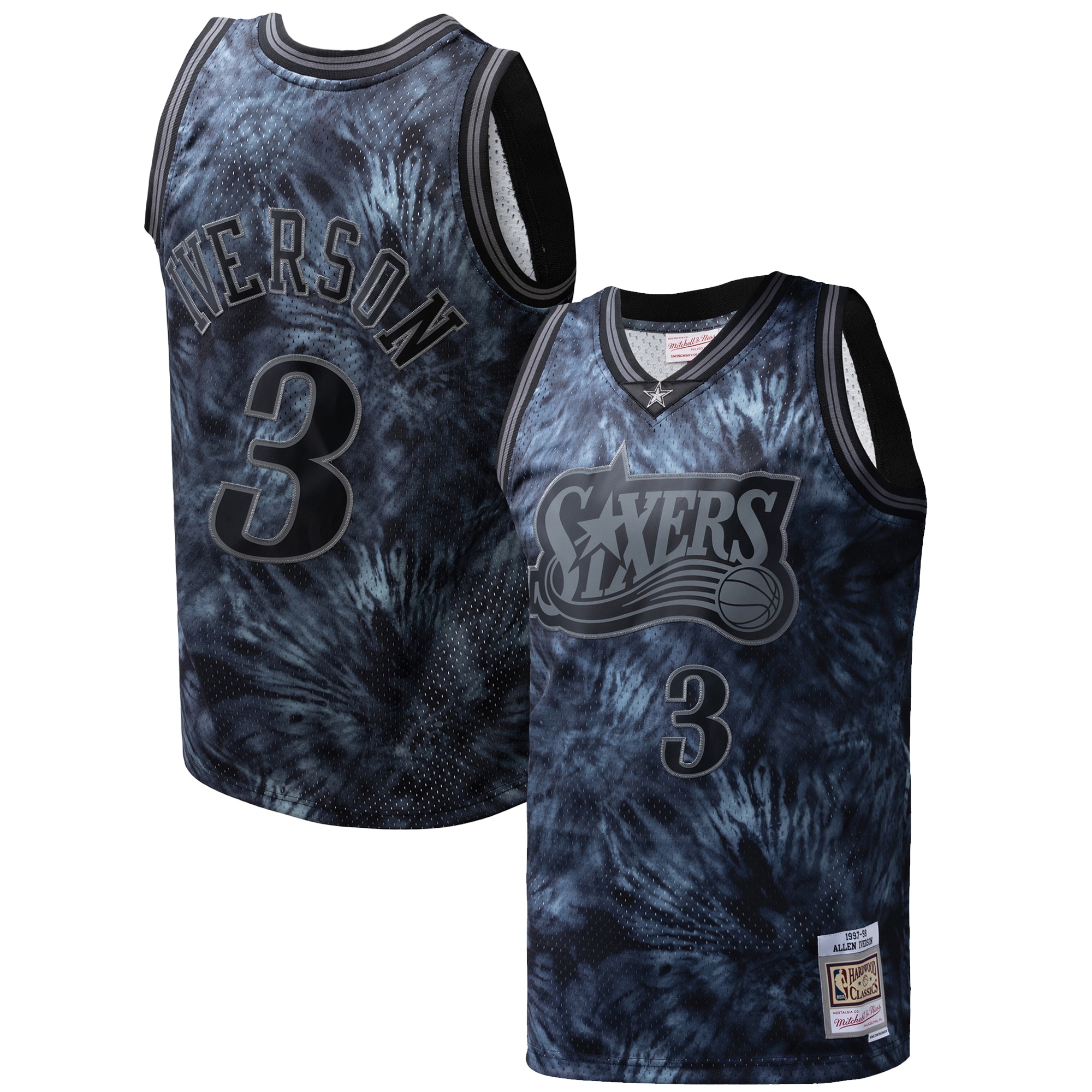 Men's Philadelphia 76ers Allen Iverson Black Hardwood Classics 1997/98 Tie-Dye Swingman Jersey