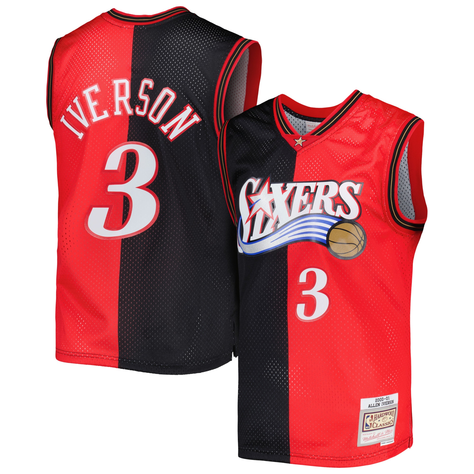 Men's Philadelphia 76ers Allen Iverson Black/Red Hardwood Classics 2000/01 Split Swingman Jersey