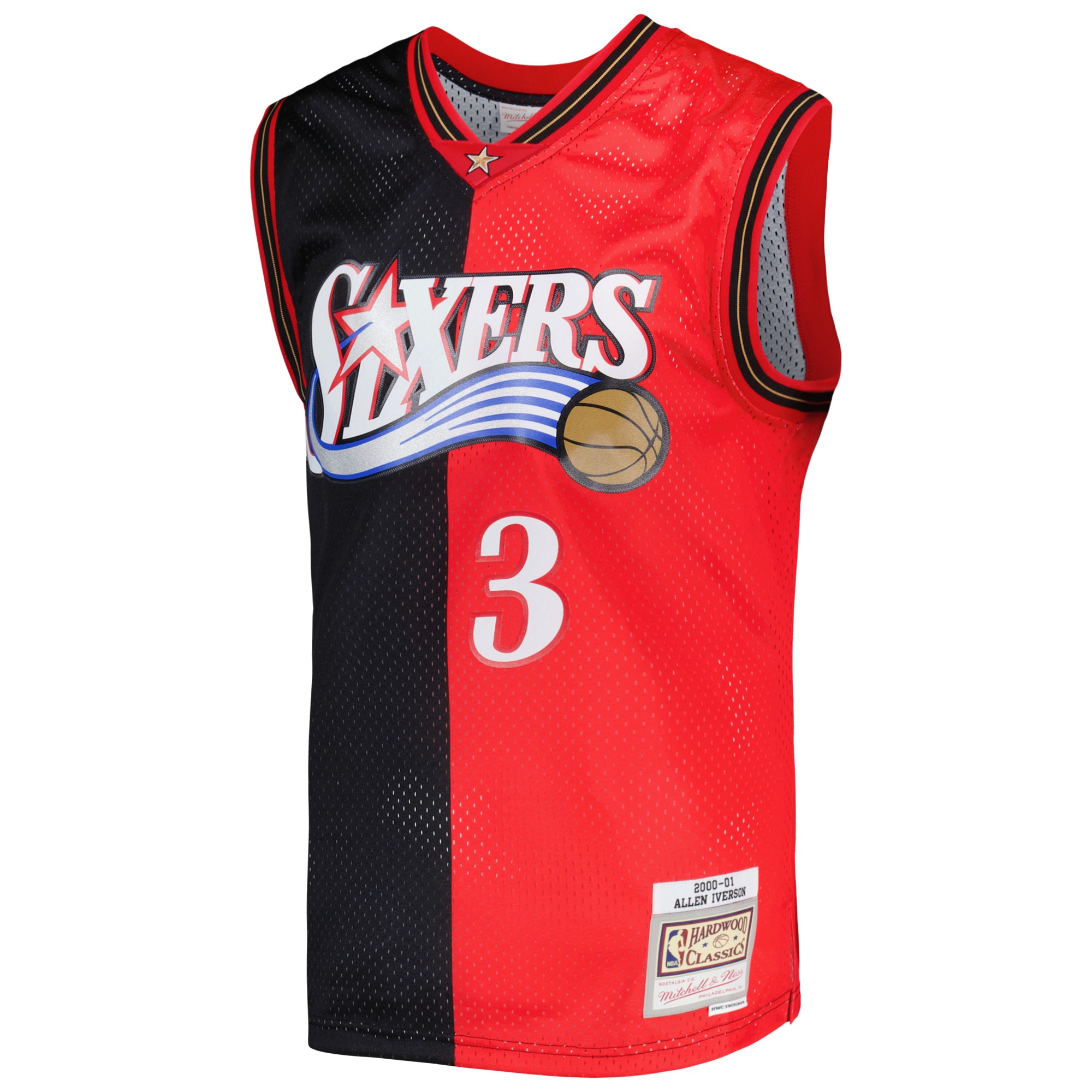 Men's Philadelphia 76ers Allen Iverson Black/Red Hardwood Classics 2000/01 Split Swingman Jersey