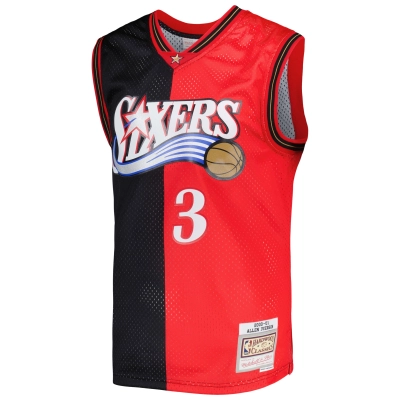 Men's Philadelphia 76ers Allen Iverson Black/Red Hardwood Classics 2000/01 Split Swingman Jersey 02