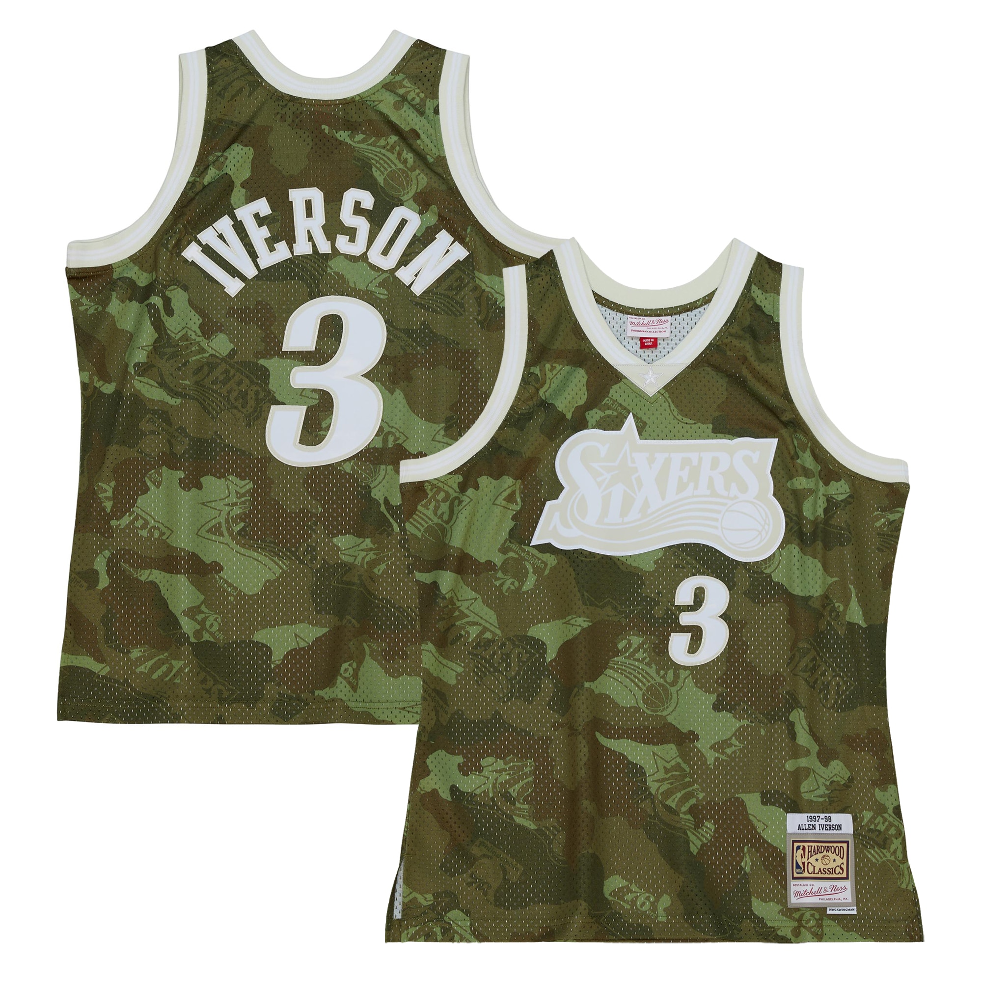 Men's Philadelphia 76ers Allen Iverson Camo Hardwood Classics 1997/98 Ghost Green Swingman Jersey