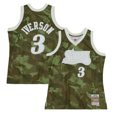 Men's Philadelphia 76ers Allen Iverson Camo Hardwood Classics 1997/98 Ghost Green Swingman Jersey 01