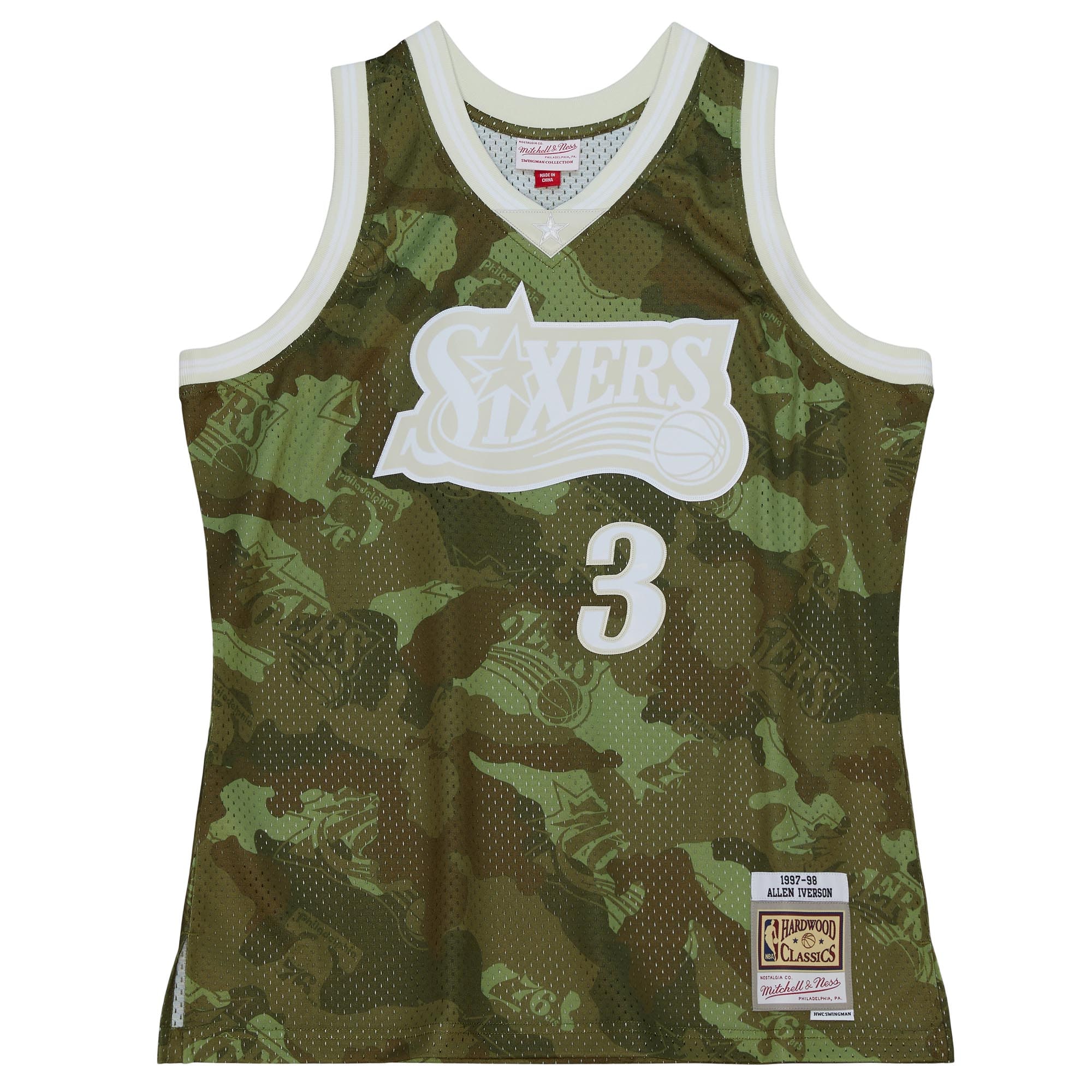 Men's Philadelphia 76ers Allen Iverson Camo Hardwood Classics 1997/98 Ghost Green Swingman Jersey