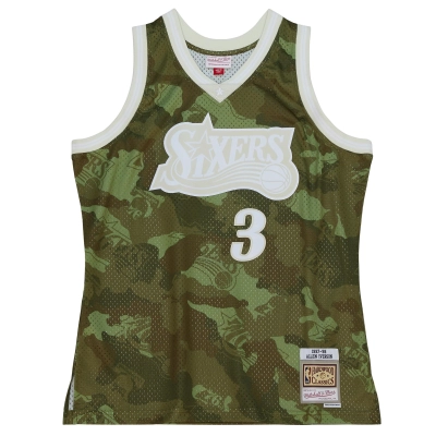 Men's Philadelphia 76ers Allen Iverson Camo Hardwood Classics 1997/98 Ghost Green Swingman Jersey 02