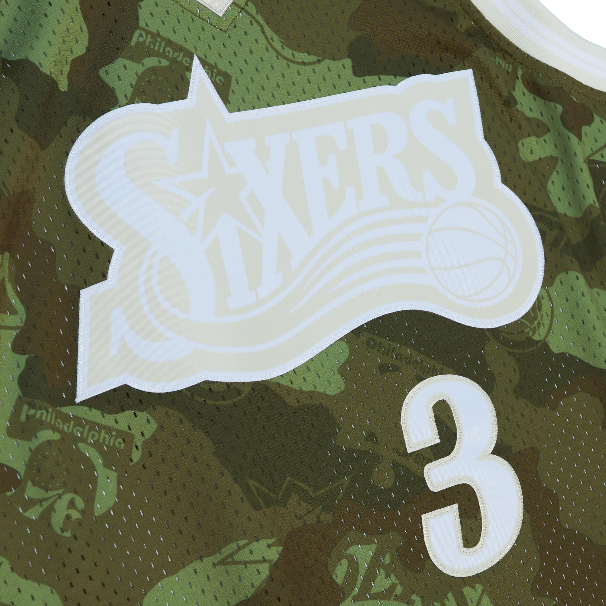 Men's Philadelphia 76ers Allen Iverson Camo Hardwood Classics 1997/98 Ghost Green Swingman Jersey