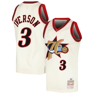 Men's Philadelphia 76ers Allen Iverson Cream Chainstitch Swingman Jersey 01