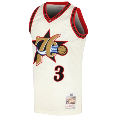 Men's Philadelphia 76ers Allen Iverson Cream Chainstitch Swingman Jersey 02