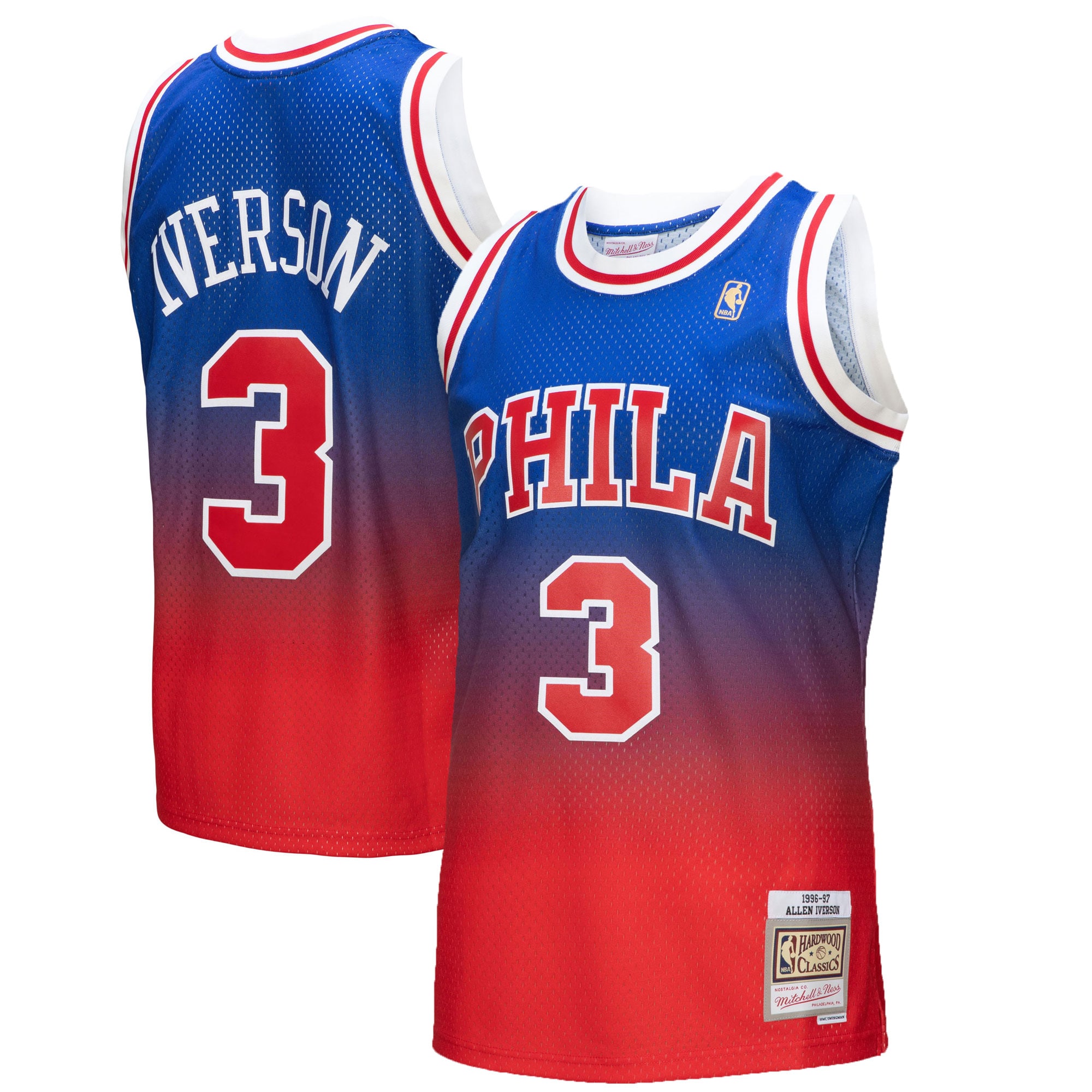 Men's Philadelphia 76ers Allen Iverson Red/Royal 1996/97 Hardwood Classics Fadeaway Swingman Player Jersey