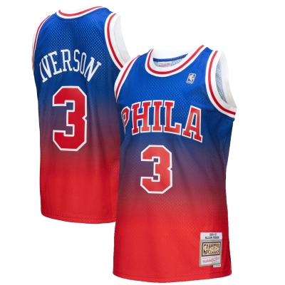 Men's Philadelphia 76ers Allen Iverson Red/Royal 1996/97 Hardwood Classics Fadeaway Swingman Player Jersey 01