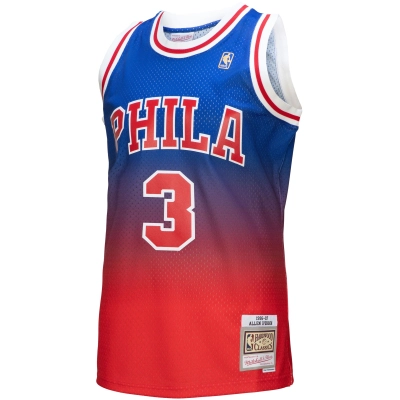 Men's Philadelphia 76ers Allen Iverson Red/Royal 1996/97 Hardwood Classics Fadeaway Swingman Player Jersey 02