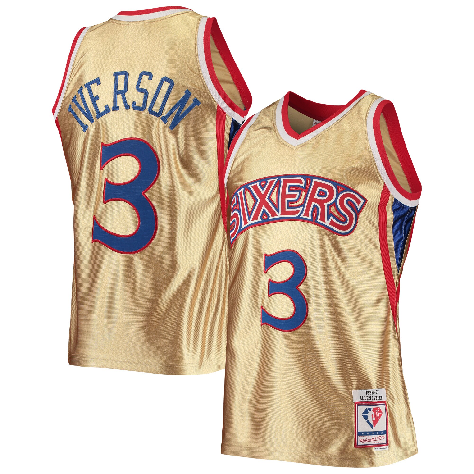 Men's Philadelphia 76ers Allen Iverson Gold 75th Anniversary 1996/97 Hardwood Classics Swingman Jersey