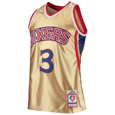 Men's Philadelphia 76ers Allen Iverson Gold 75th Anniversary 1996/97 Hardwood Classics Swingman Jersey 02