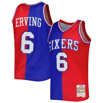 Men's Philadelphia 76ers Julius Erving Royal/Red Hardwood Classics 1982/83 Split Swingman Jersey 01