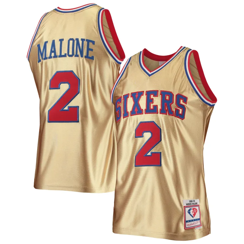 Men's Philadelphia 76ers Moses Malone Gold 75th Anniversary 1982/83 Hardwood Classics Swingman Jersey