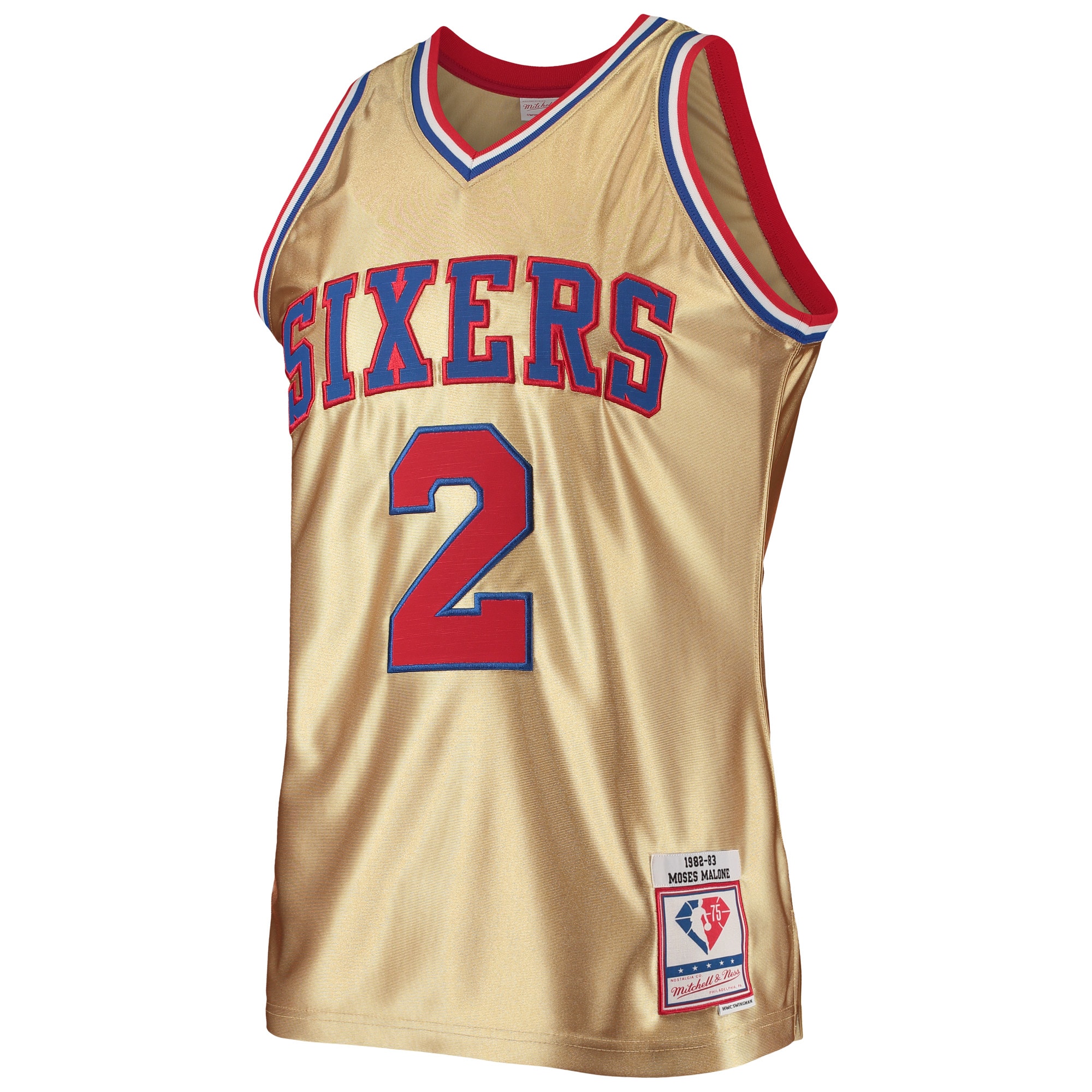 Men's Philadelphia 76ers Moses Malone Gold 75th Anniversary 1982/83 Hardwood Classics Swingman Jersey